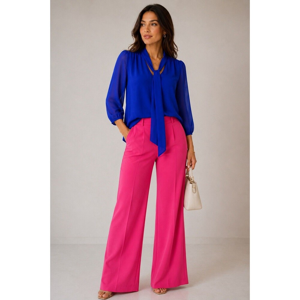 7th Avenue Design Studio Royal Blue Tie Neck Blouse Women Size S Sheer